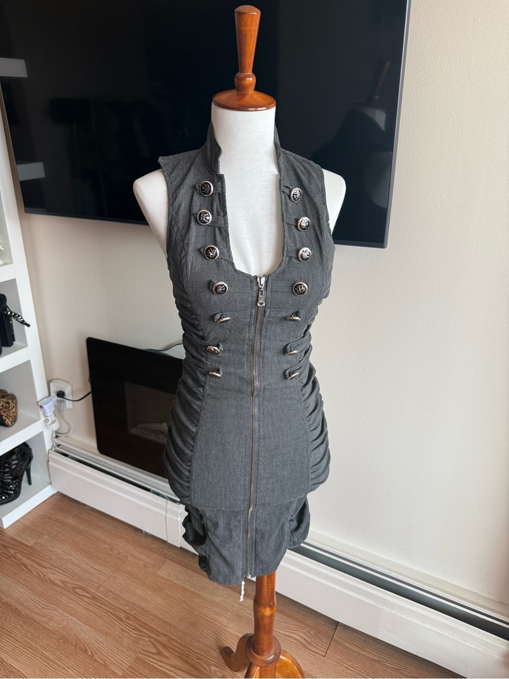 Sleeveless Gray Zip-Front Ruched Dress